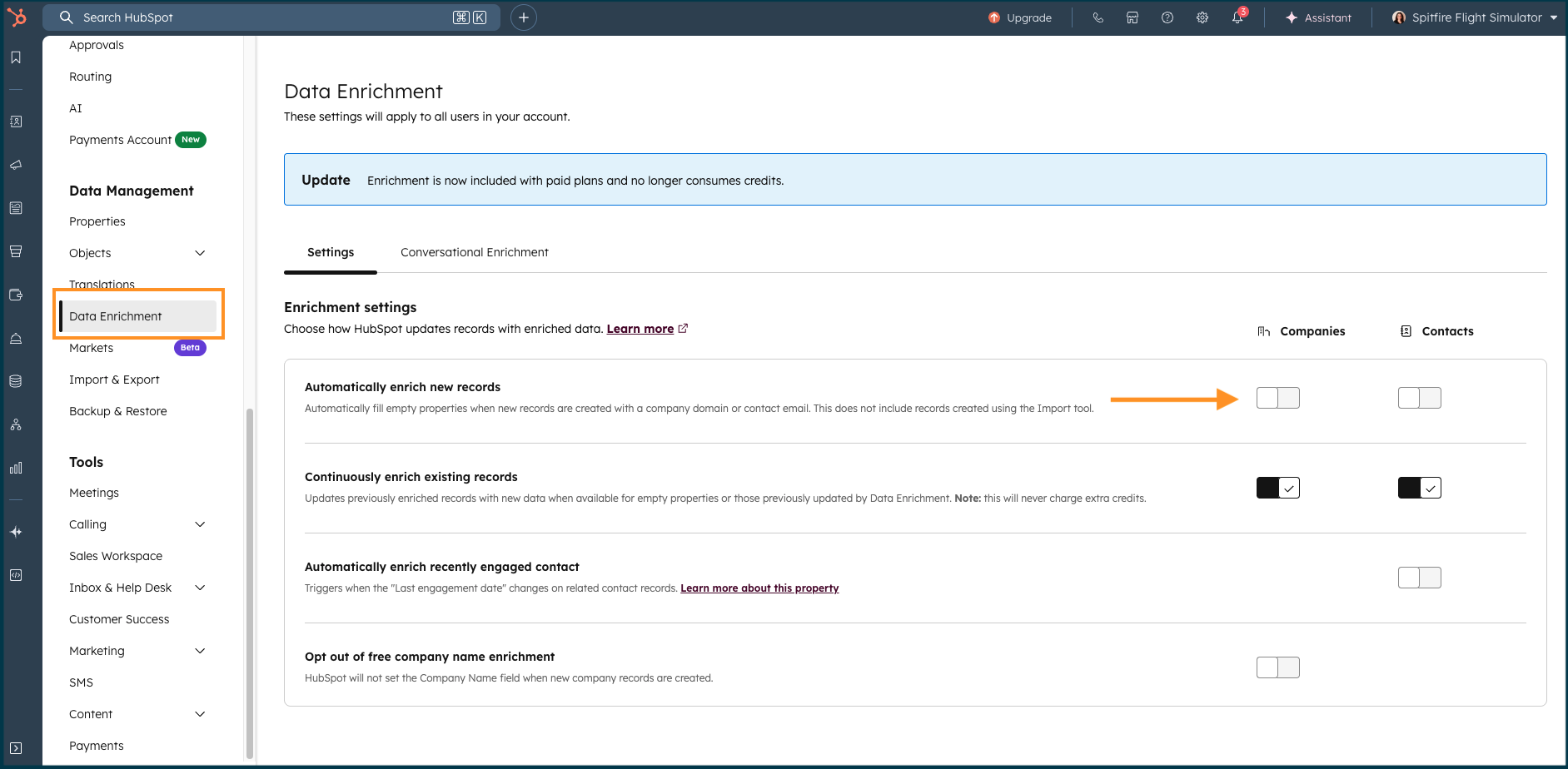 Data enrichment hubspot_settings