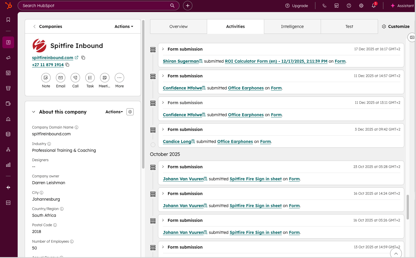 hubspot forms on company level