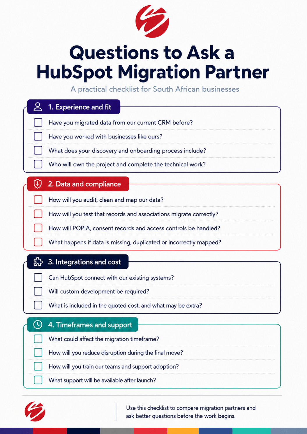 HubSpot migration partner checklist for South African companies, covering experience, data quality, POPIA compliance, integrations, costs, timeframes and post-migration support.&nbsp;